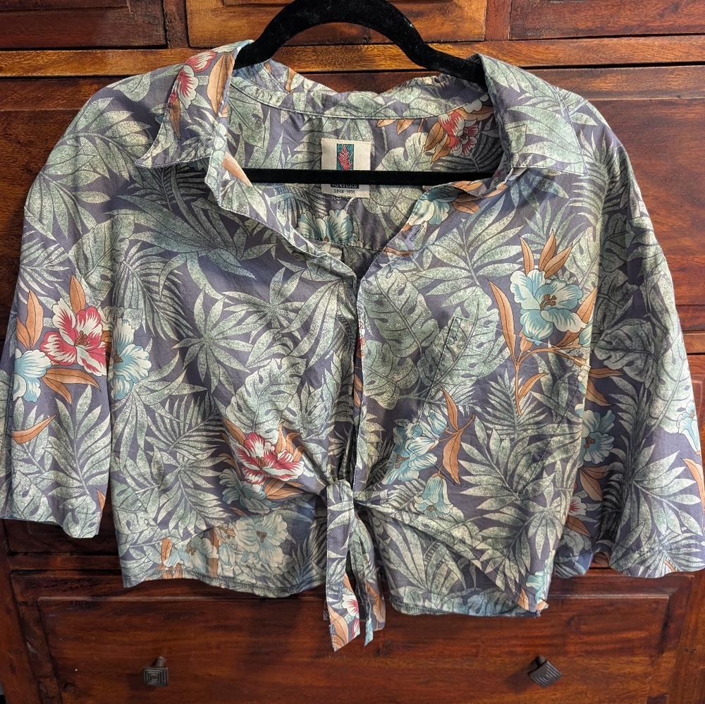 Tori Richard Tropical Button Down Cropped Tie Front Shirt - Blue, Green, Orange
